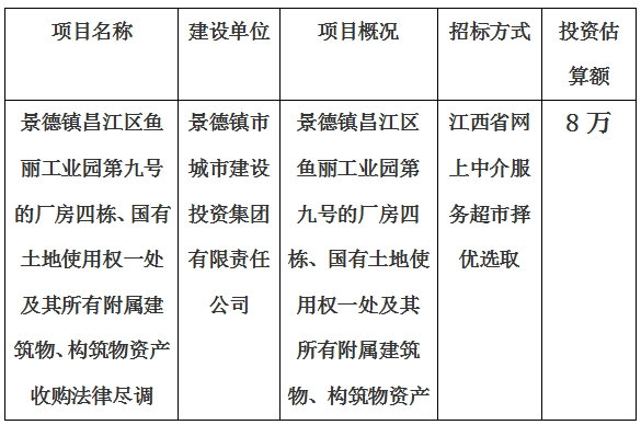 景德鎮(zhèn)昌江區(qū)魚麗工業(yè)園第九號的廠房四棟、國有土地使用權(quán)一處及其所有附屬建筑物、構(gòu)筑物資產(chǎn)收購法律盡調(diào)項(xiàng)目計(jì)劃公告