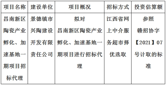 昌南新區(qū)陶瓷產業(yè)孵化、加速基地一期項目招標代理計劃公告