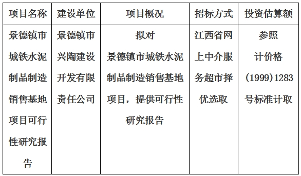 景德鎮(zhèn)市城鐵水泥制品制造銷售基地項(xiàng)目可行性研究報告計(jì)劃公告