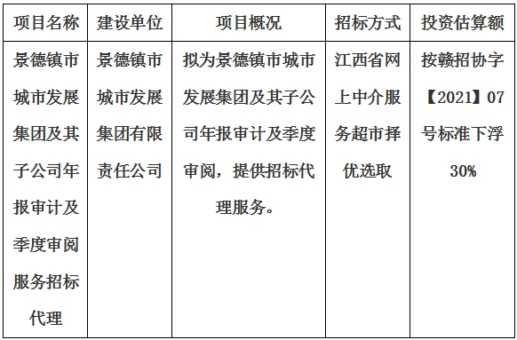景德鎮(zhèn)市城市發(fā)展集團(tuán)及其子公司年報審計及季度審閱服務(wù)招標(biāo)代理計劃公告