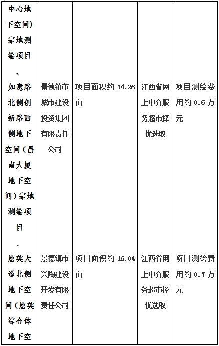 景德鎮(zhèn)市昌南新區(qū)LJ1-03-A01-1地塊、瓷都大道東側(cè)中渡口地下空間（格蘭云天大酒店地下空間）、光明大道北側(cè)利民路西側(cè)地下空間（青少年宮地下空間）、規(guī)劃二路北側(cè)地下空間地塊二（加速基地地下空間）、規(guī)劃二路北側(cè)地下空間地塊一（加速基地地下空間）、景德大道南側(cè)天寶橋西側(cè)地塊、景興大道東側(cè)如意路北側(cè)地下空間(社會公共服務(wù)